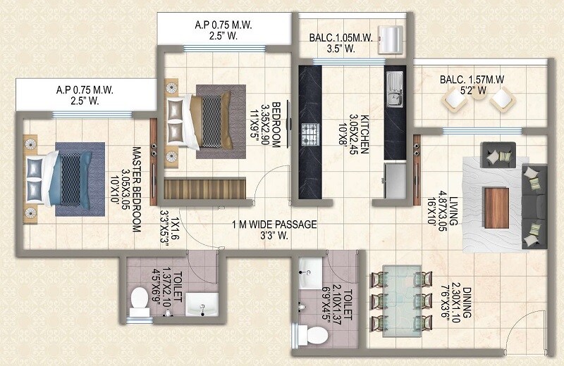 Floor plan of 2 BHK 757 Sq. Ft. Apartment in VG Crosswind, Thane