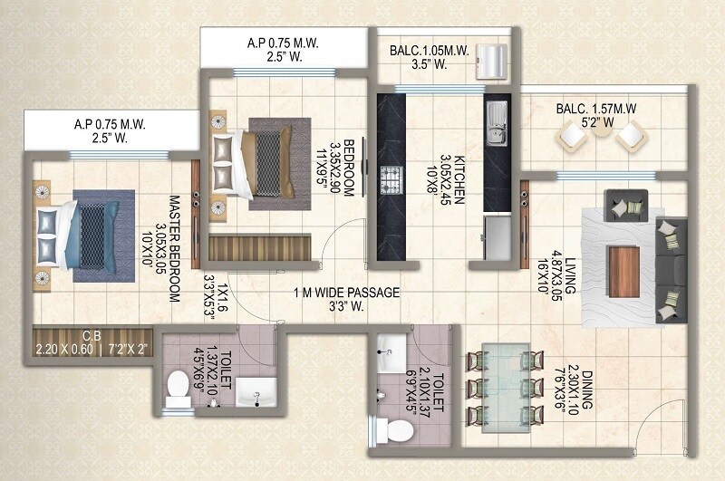 Floor plan of 2 BHK 722 Sq. Ft. Apartment in VG Crosswind, Thane
