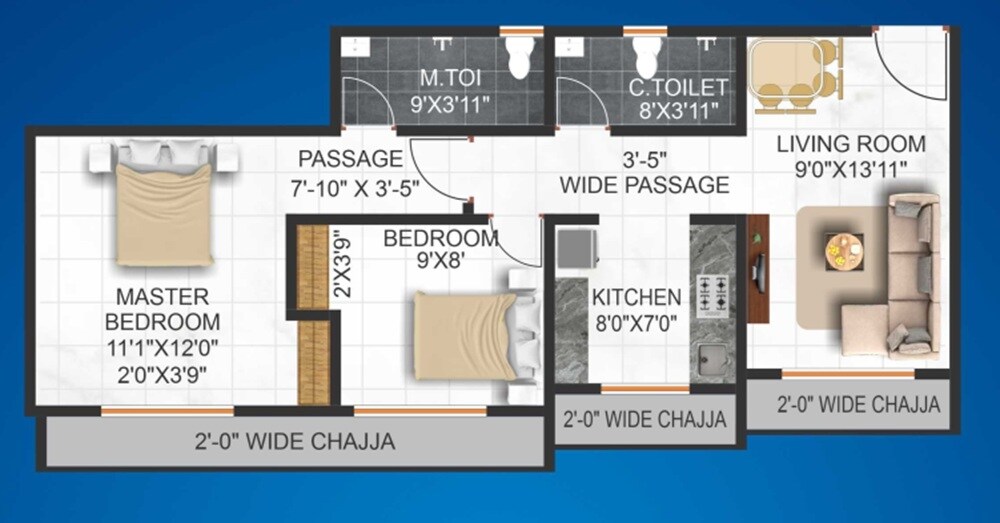 Floor plan of 2 BHK 675 Sq. Ft. Apartment in Vidhi Impression, Thane