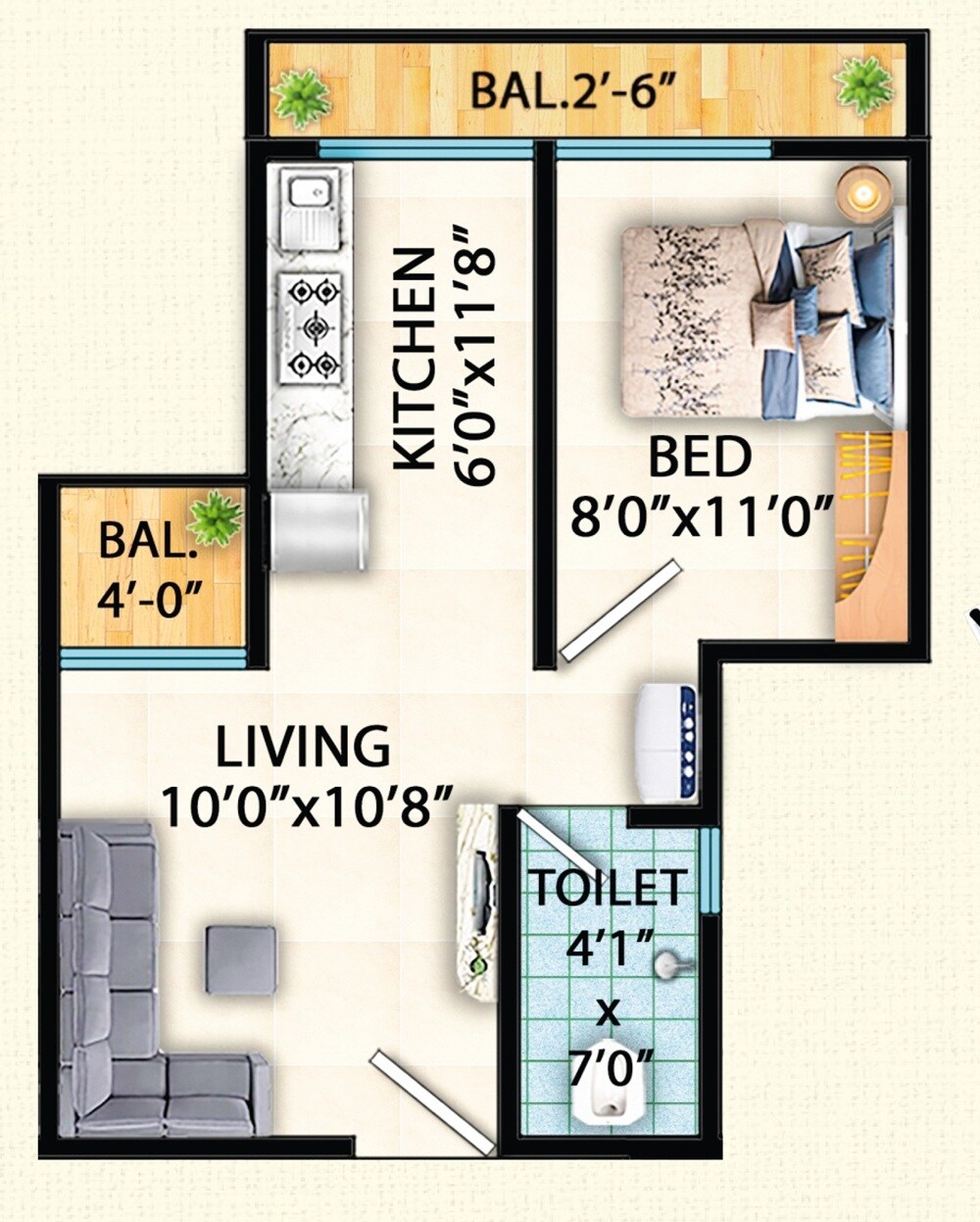 Floor plan of 1 BHK 322 Sq. Ft. Apartment in Vidisha Shambhu Shankar Residency, Thane