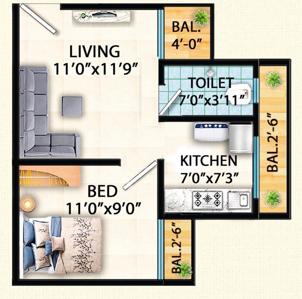 Floor plan of 1 BHK 323 Sq. Ft. Apartment in Vidisha Shambhu Shankar Residency, Thane