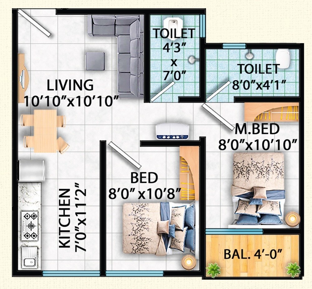Floor plan of 2 BHK 506 Sq. Ft. Apartment in Vidisha Shambhu Shankar Residency, Thane