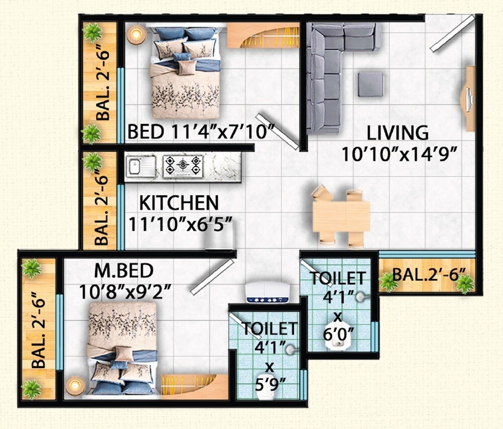 Floor plan of 2 BHK 517 Sq. Ft. Apartment in Vidisha Shambhu Shankar Residency, Thane