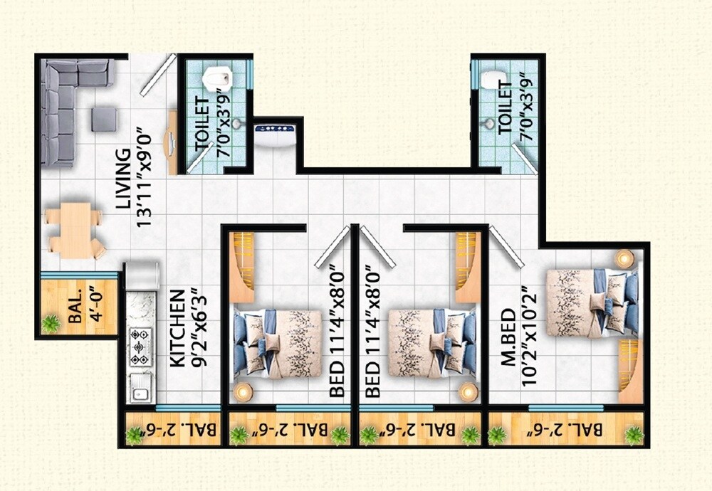 Floor plan of 3 BHK 646 Sq. Ft. Apartment in Vidisha Shambhu Shankar Residency, Thane