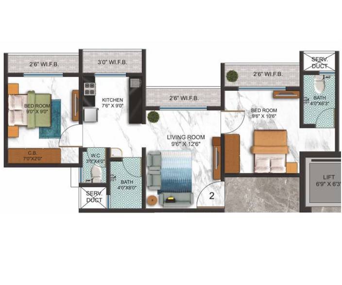 Floor plan of 2 BHK 451 Sq. Ft. Apartment in Vighanhartha Sankalp Residency, Thane