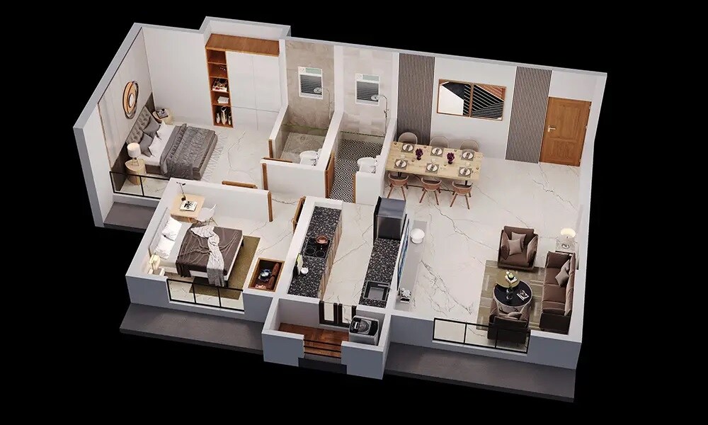 Floor plan of 2 BHK 720 Sq. Ft. Apartment in Vihang Evana, Thane