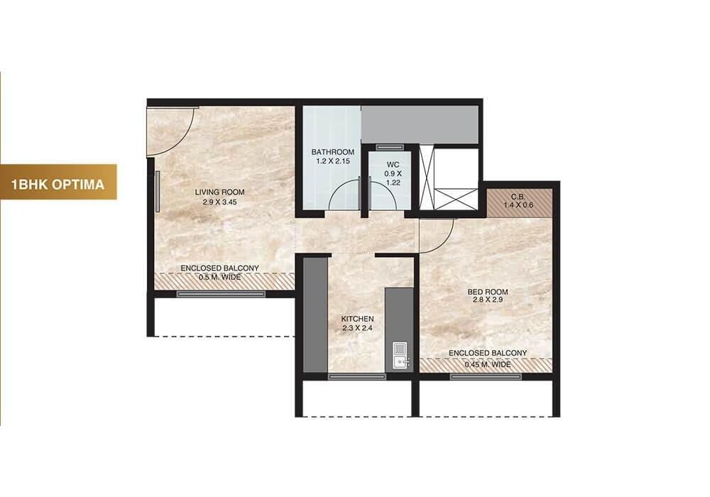 Floor plan of 1 BHK 360 Sq. Ft. Apartment in Vihang Golden Hills B3, Thane