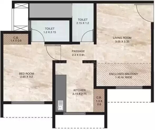 Floor plan of 1 BHK 327 Sq. Ft. Apartment in Vihang Hills, Thane