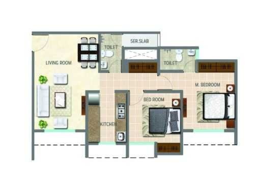 Floor plan of 2 BHK 505 Sq. Ft. Apartment in Vihang Hills, Thane