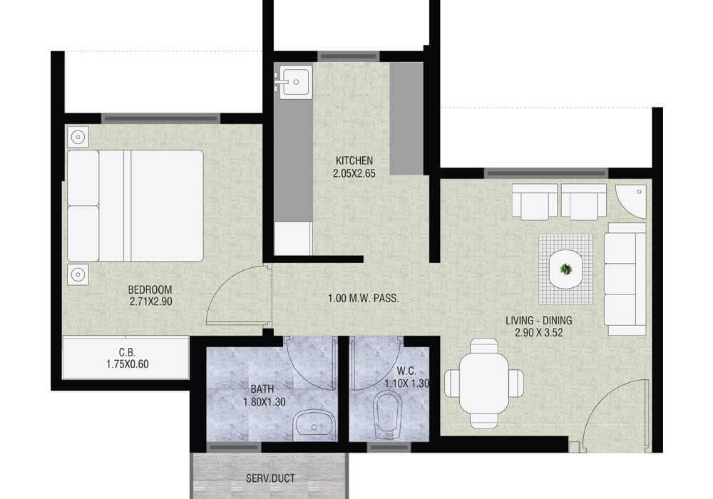 Floor plan of 1 BHK 357 Sq. Ft. Apartment in Vihang Metro Hive, Thane