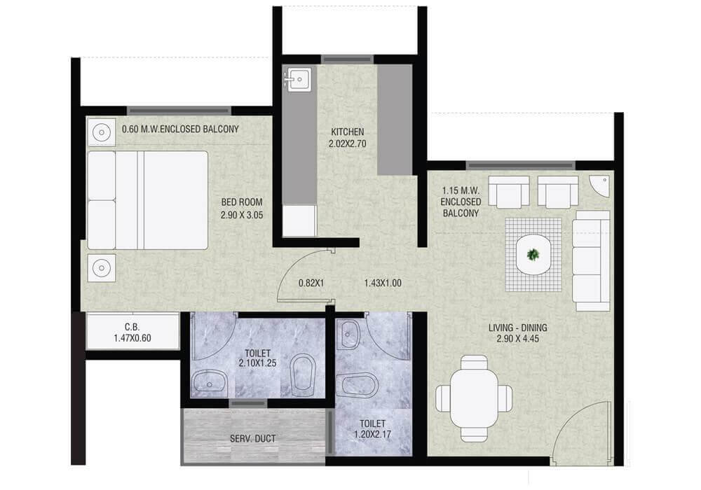 Floor plan of 1 BHK 430 Sq. Ft. Apartment in Vihang Metro Hive, Thane