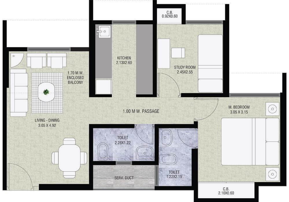 Floor plan of 2 BHK 630 Sq. Ft. Apartment in Vihang Metro Hive, Thane