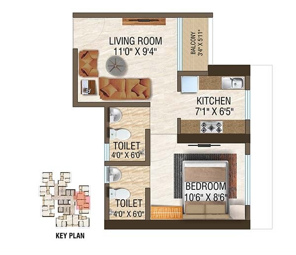Floor plan of 1 BHK 339 Sq. Ft. Apartment in Vihang Nova, Thane