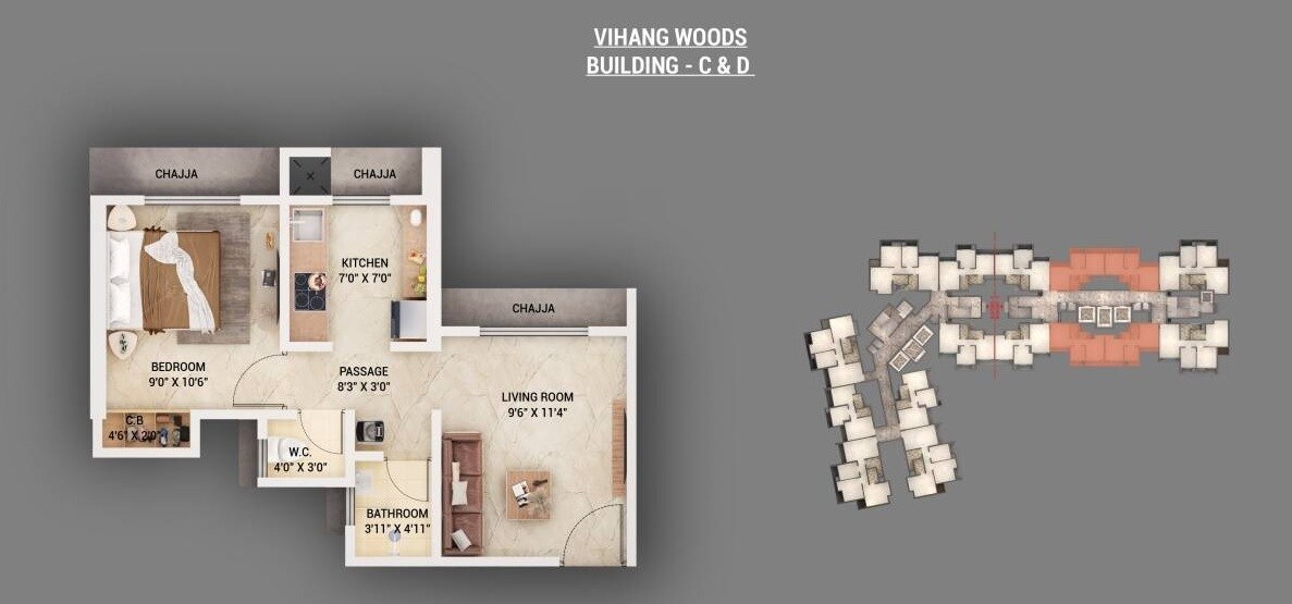 Floor plan of 1 BHK 343 Sq. Ft. Apartment in Vihang Woods, Thane