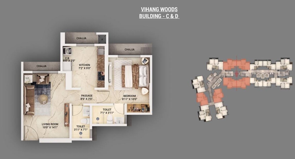 Floor plan of 1 BHK 420 Sq. Ft. Apartment in Vihang Woods, Thane