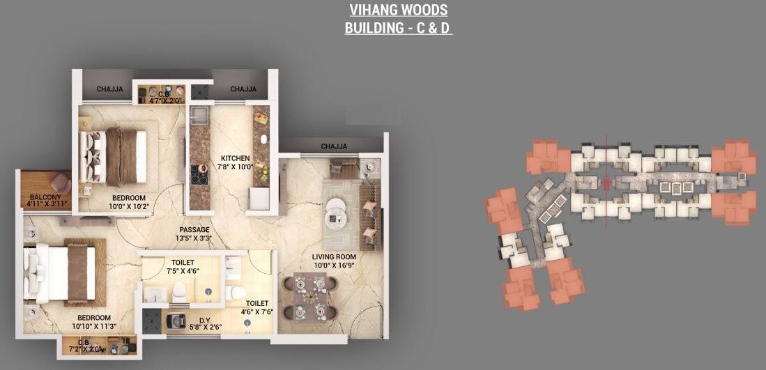 Floor plan of 2 BHK 650 Sq. Ft. Apartment in Vihang Woods, Thane