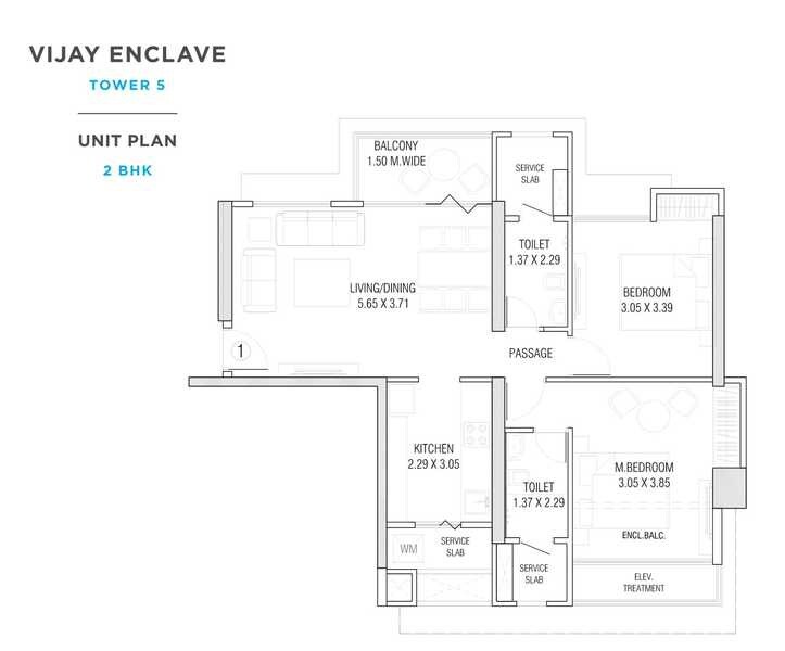 Floor plan of 2 BHK 673 Sq. Ft. Apartment in Vijay Enclave, Thane
