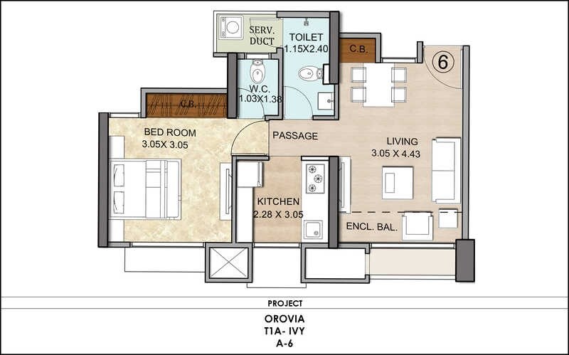 Floor plan of 1 BHK 393 Sq. Ft. Apartment in Vijay Orovia, Thane