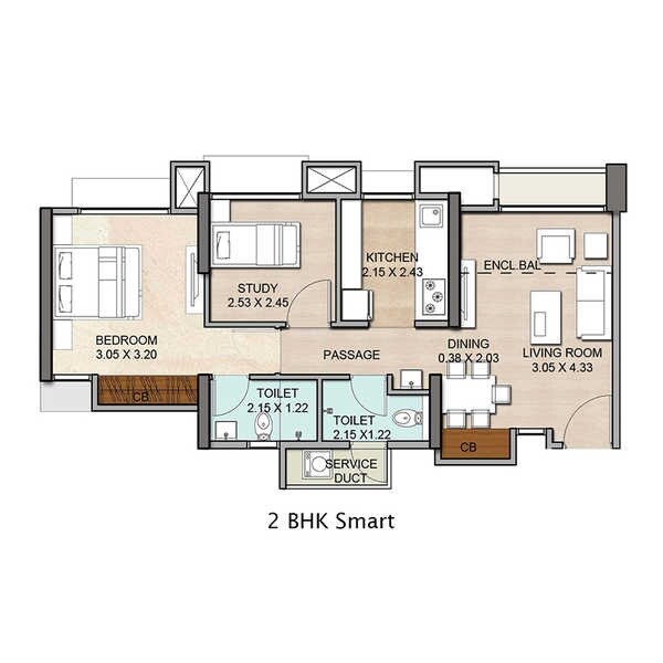 Floor plan of 2 BHK 601 Sq. Ft. Apartment in Vijay Orovia, Thane