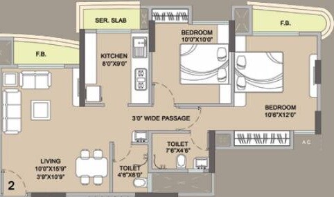 Floor plan of 2 BHK 1030 Sq. Ft. Apartment in Vijay Residency Thane, Thane
