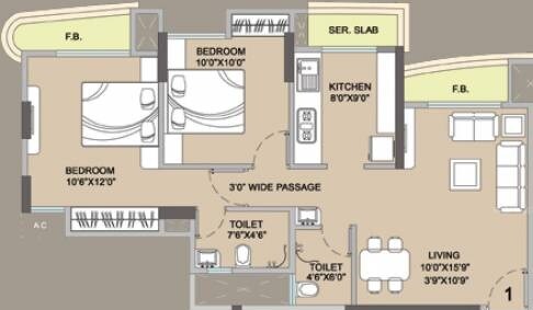 Floor plan of 2 BHK 1070 Sq. Ft. Apartment in Vijay Residency Thane, Thane