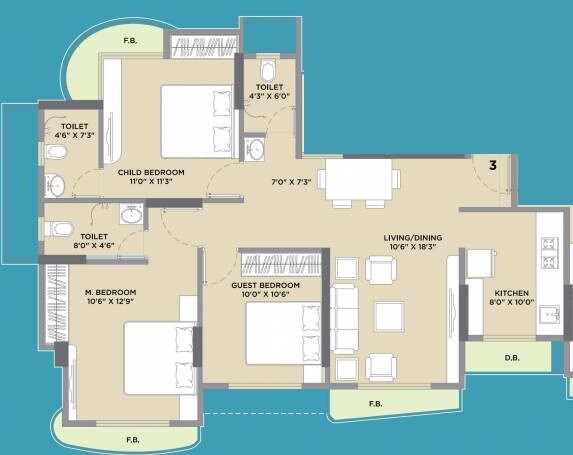 Floor plan of 3 BHK 1450 Sq. Ft. Apartment in Vijay Residency Thane, Thane