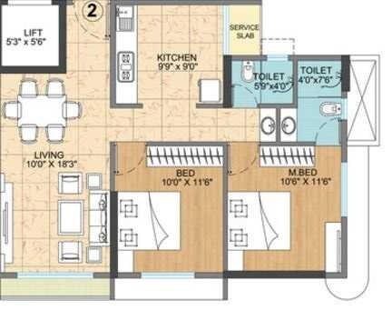 Floor plan of 2 BHK 900 Sq. Ft. Apartment in Vijay Vatika, Thane