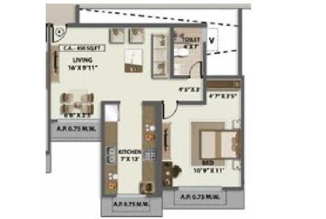 Floor plan of 1 BHK 450 Sq. Ft. Apartment in Vikas Ritz, Thane