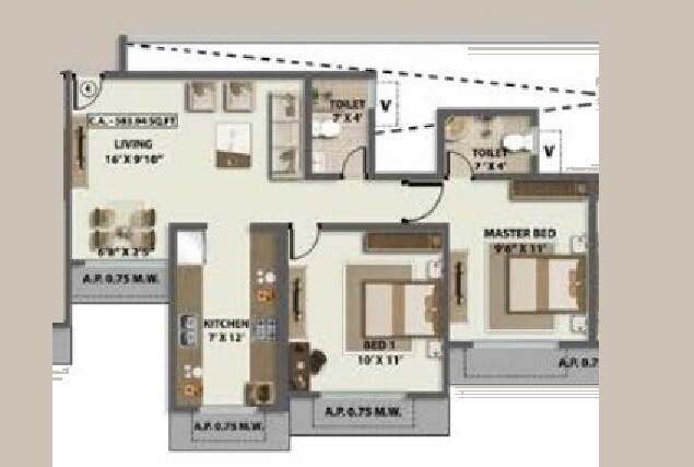 Floor plan of 2 BHK 660 Sq. Ft. Apartment in Vikas Ritz, Thane