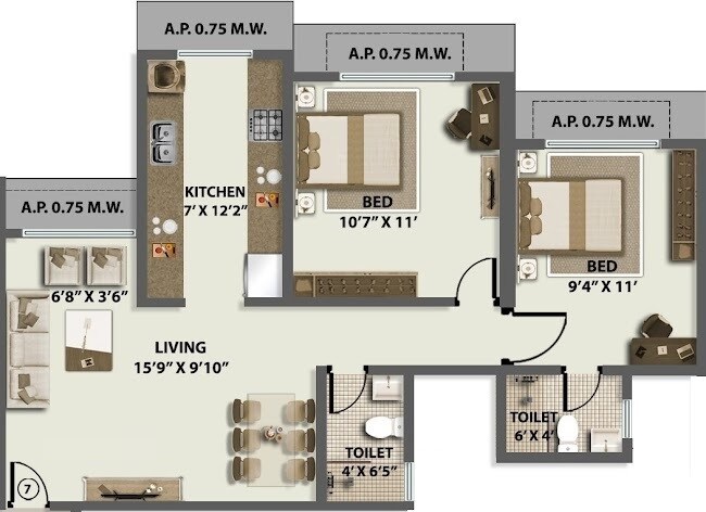 Floor plan of 2 BHK 700 Sq. Ft. Apartment in Vikas Ritz, Thane
