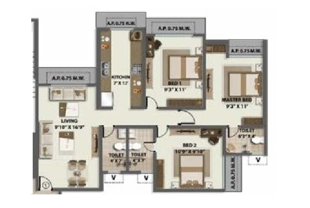 Floor plan of 3 BHK 789 Sq. Ft. Apartment in Vikas Ritz, Thane