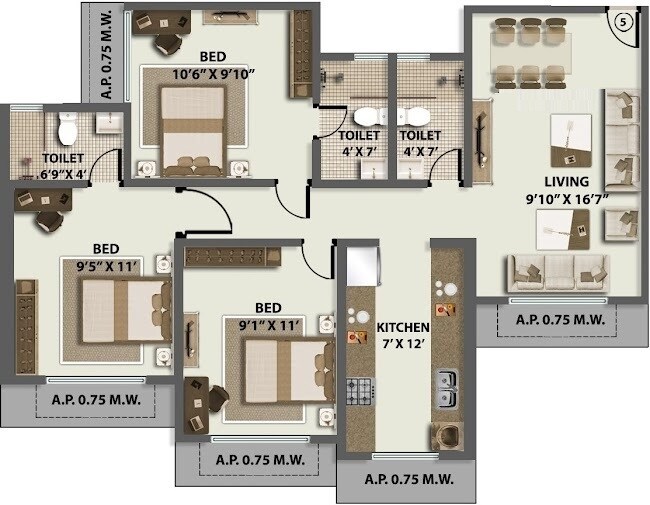 Floor plan of 3 BHK 726 Sq. Ft. Apartment in Vikas Ritz, Thane