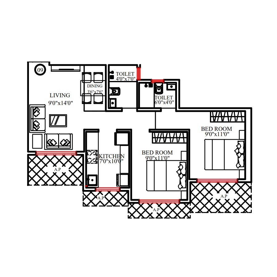 2 BHK 686 Sq. Ft. Apartment