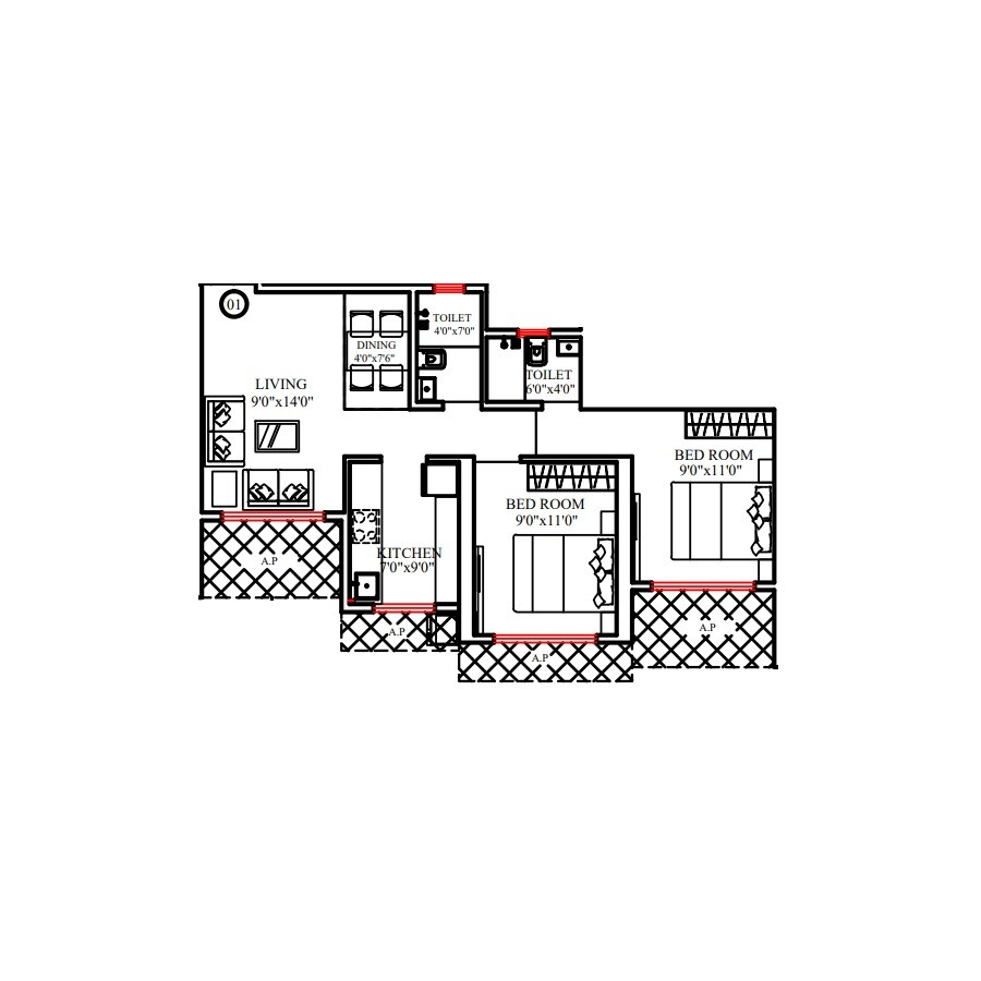 Floor plan of 2 BHK 703 Sq. Ft. Apartment in Vikas Ritzenia, Thane