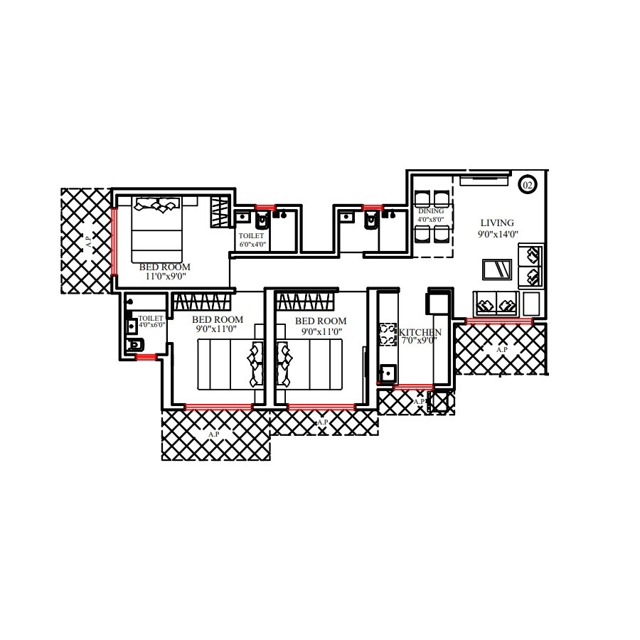 3 BHK 870 Sq. Ft. Apartment