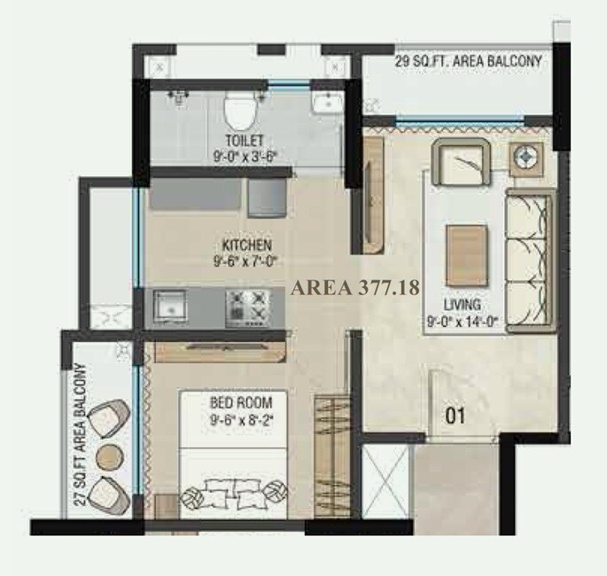 Floor plan of 1 BHK 377 Sq. Ft. Apartment in Vinayak Complex, Thane