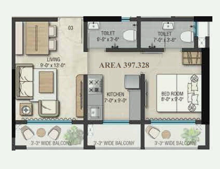 Floor plan of 1 BHK 397 Sq. Ft. Apartment in Vinayak Complex, Thane