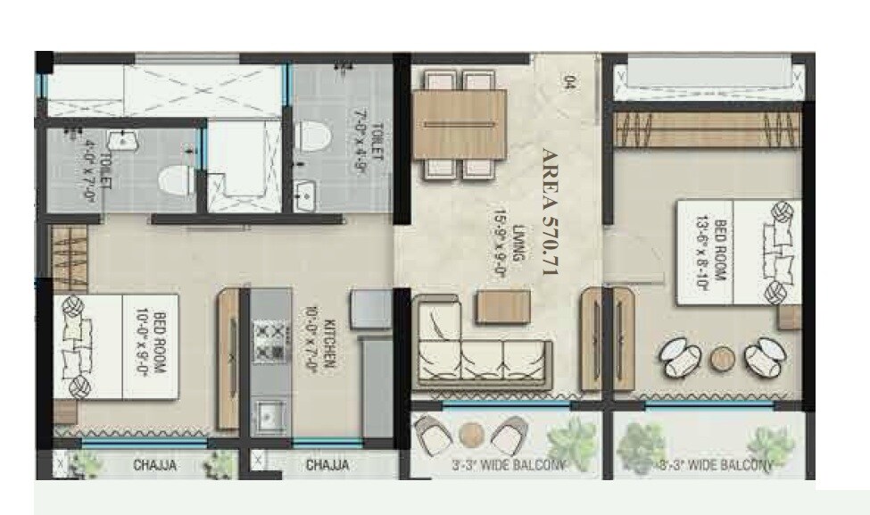 Floor plan of 2 BHK 571 Sq. Ft. Apartment in Vinayak Complex, Thane