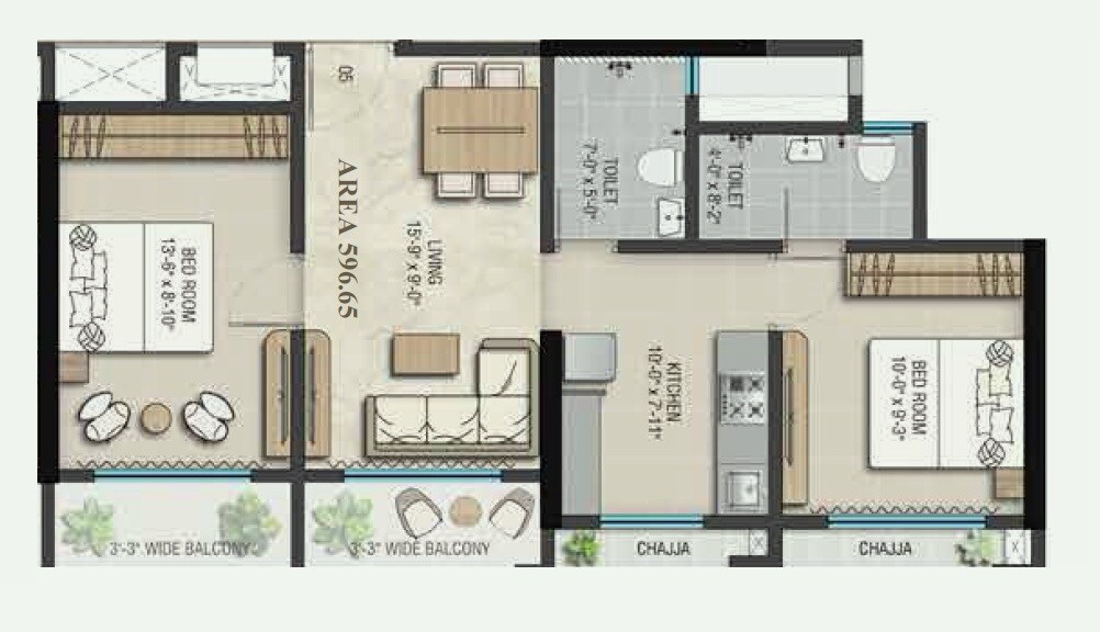 Floor plan of 2 BHK 597 Sq. Ft. Apartment in Vinayak Complex, Thane
