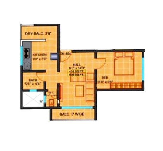 Floor plan of 1 BHK 433 Sq. Ft. Apartment in Vinayak Platina, Thane