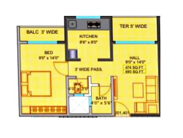 Floor plan of 1 BHK 470 Sq. Ft. Apartment in Vinayak Platina, Thane