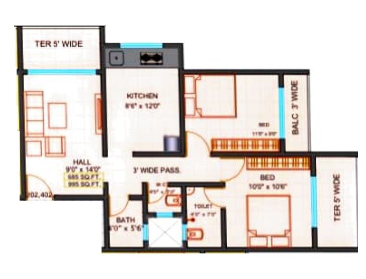 Floor plan of 2 BHK 700 Sq. Ft. Apartment in Vinayak Platina, Thane