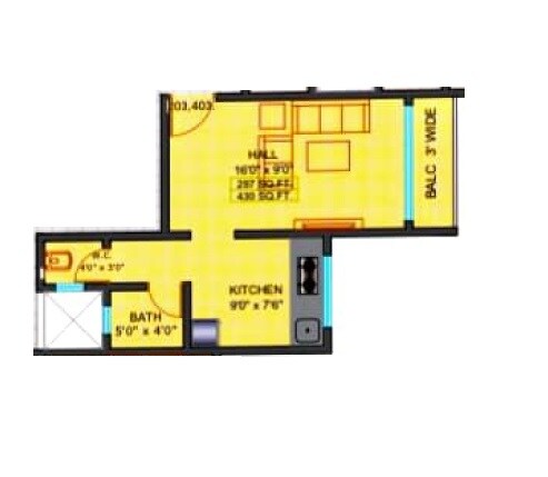 Floor plan of 220 Sq. Ft. Studio in Vinayak Platina, Thane