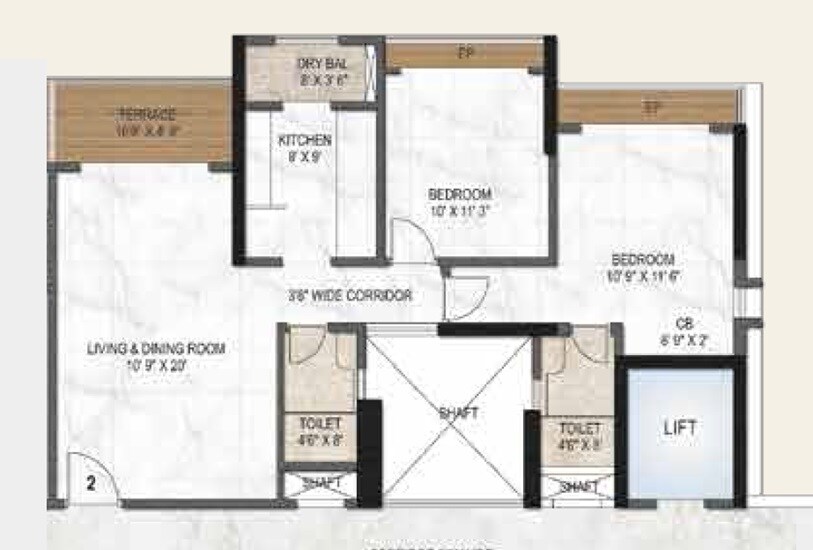 Floor plan of 2 BHK 840 Sq. Ft. Apartment in Vinayak Shreeji Landmark, Thane