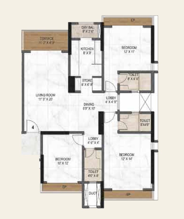 Floor plan of 3 BHK 1190 Sq. Ft. Apartment in Vinayak Shreeji Landmark, Thane