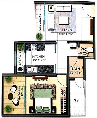 Floor plan of 1 BHK 507 Sq. Ft. Apartment in Viraj Heights, Thane
