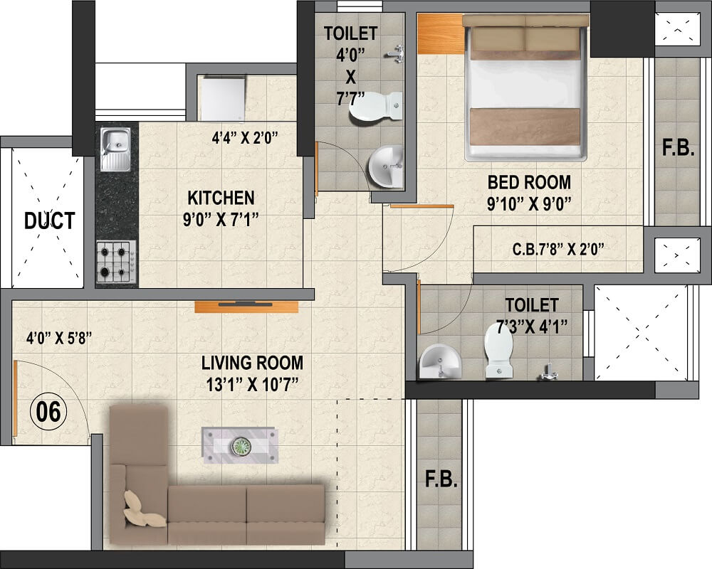 Floor plan of 1 BHK 451 Sq. Ft. Apartment in Viraj Heights, Thane
