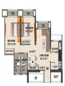 Floor plan of 2 BHK 675 Sq. Ft. Apartment in Viraj Heights, Thane