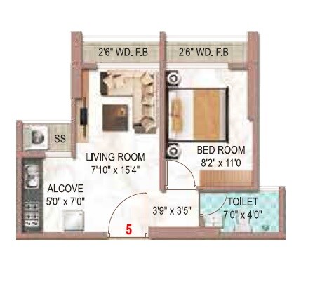 Floor plan of 1 BHK 295 Sq. Ft. Apartment in Virani Marina, Thane