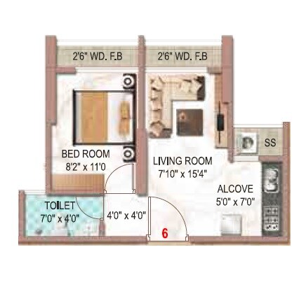 Floor plan of 1 BHK 301 Sq. Ft. Apartment in Virani Marina, Thane